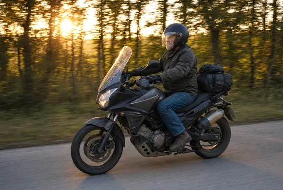 Motociclista su una touring carica, lunga strada al tramonto